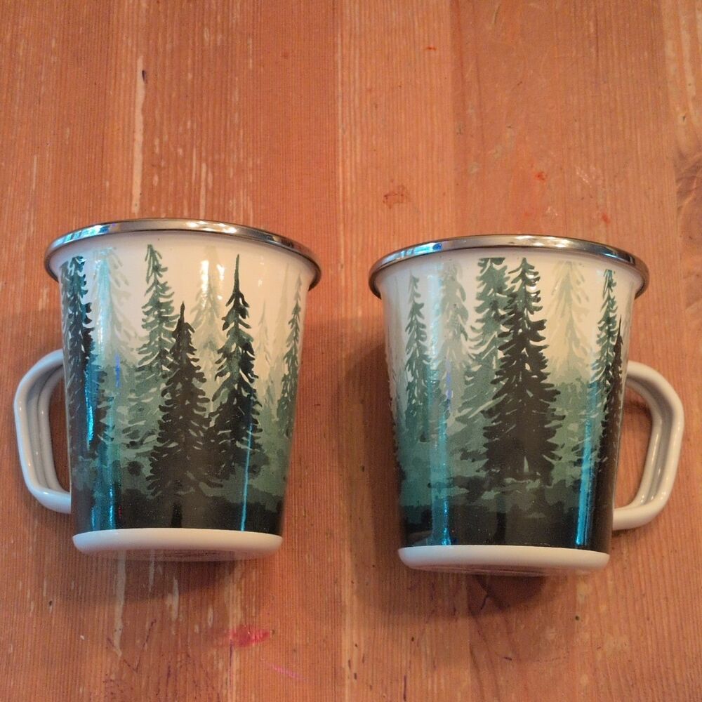 Golden Rabbit Enamel Mug Forest Theme White Green Black Set of 2